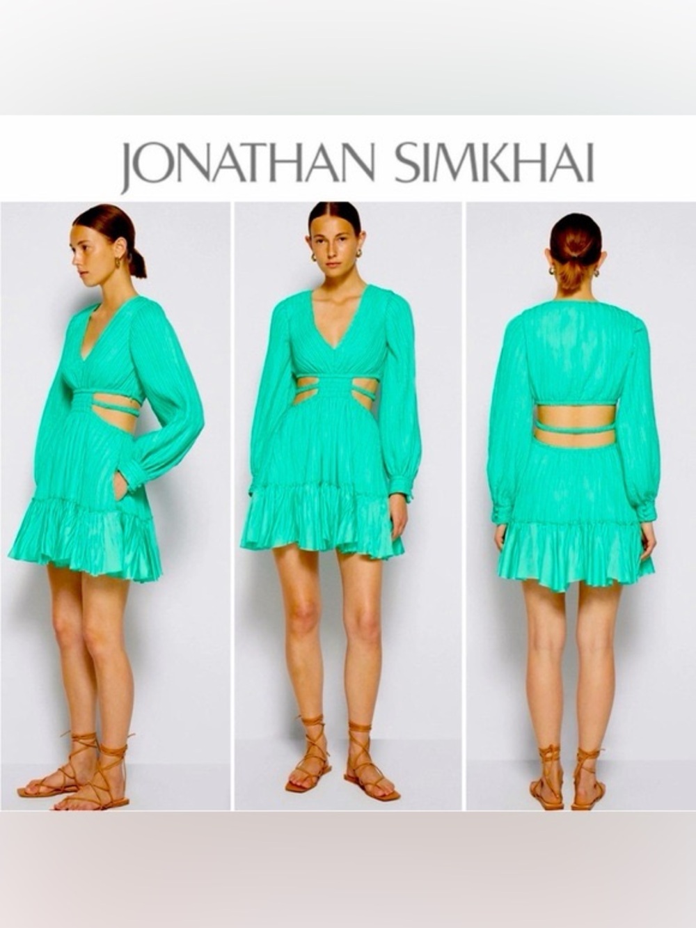 Jonathan Simkhai Cutout Pleated Mini Dress Green Satin Long Sleeve Size Small